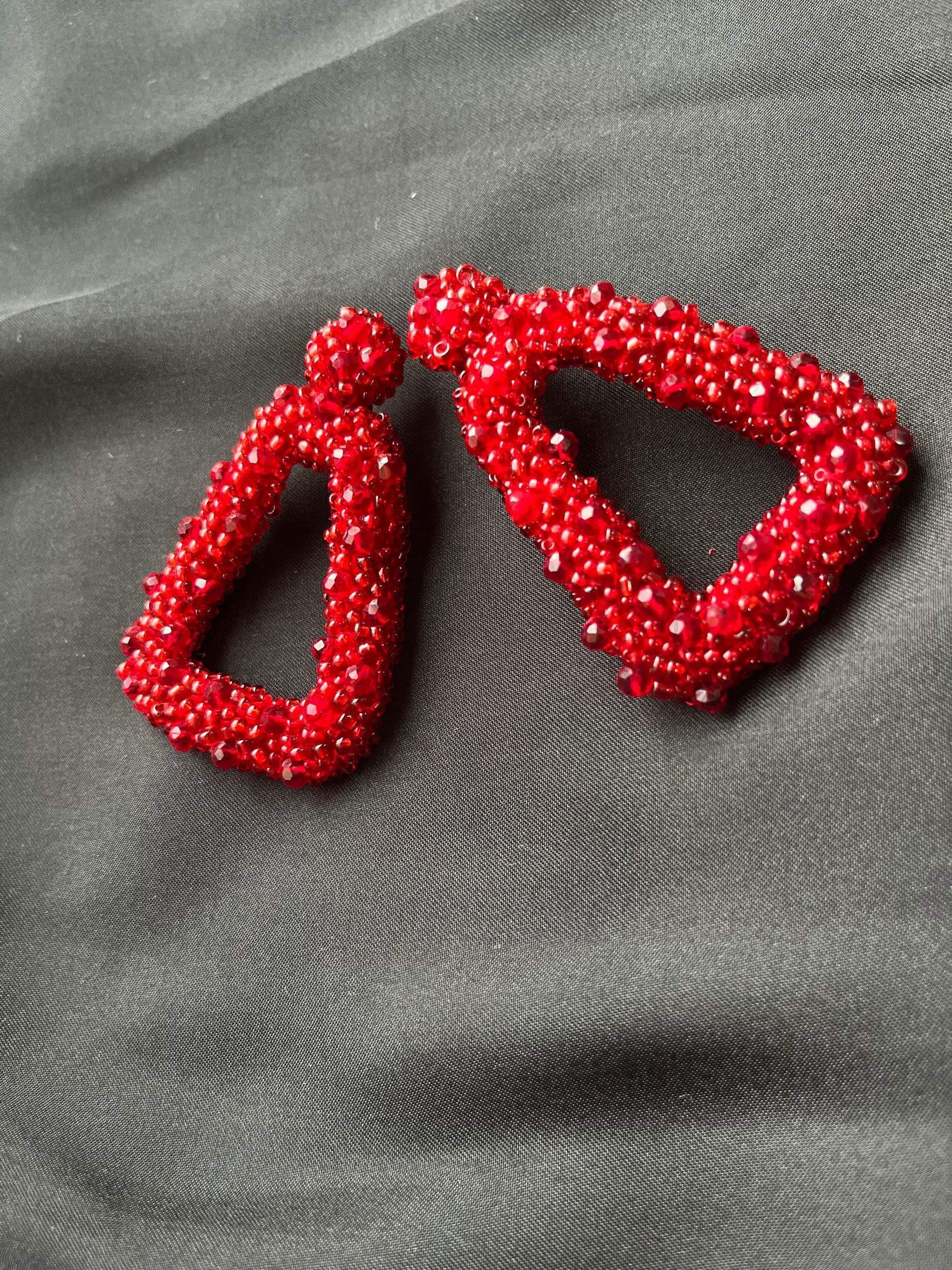 White and Red beaded earrings by Zarwish Javid