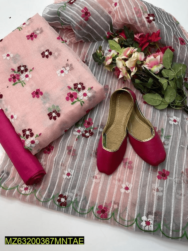 4 PCs women’s unstitched khaadi net Embroidery suit by Hooriya Baloch