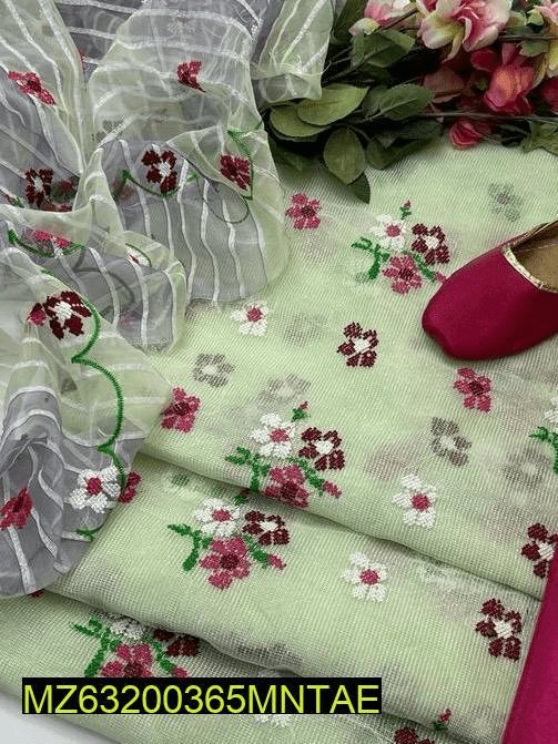 4 PCs women’s unstitched khaadi net Embroidery suit by Hooriya Baloch