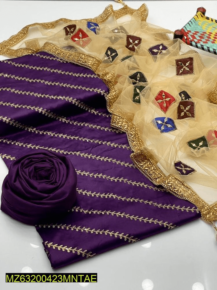 3 PCs women’s unstitched shamoze silk Embroidered suit by Hooriya Baloch