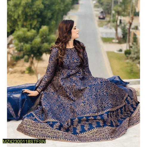 3 pcs woman’s stitched katan silk printed maxi by Jason nasir