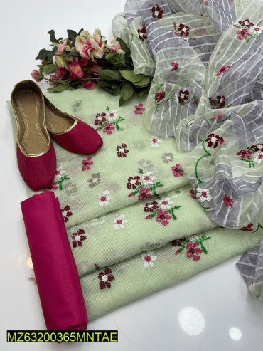 4 PCs women’s unstitched khaadi net Embroidery suit by Hooriya Baloch