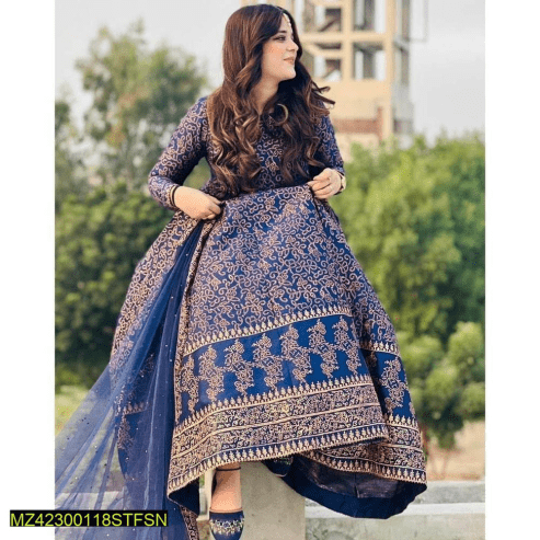 3 pcs woman’s stitched katan silk printed maxi by Jason nasir