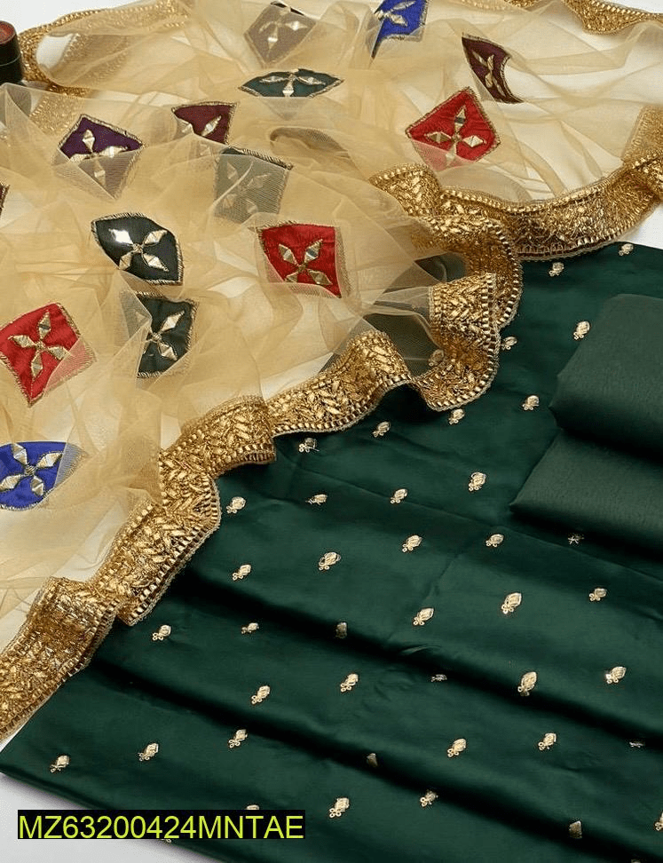 3 PCs women’s unstitched shamoze silk Embroidered suit by Hooriya Baloch