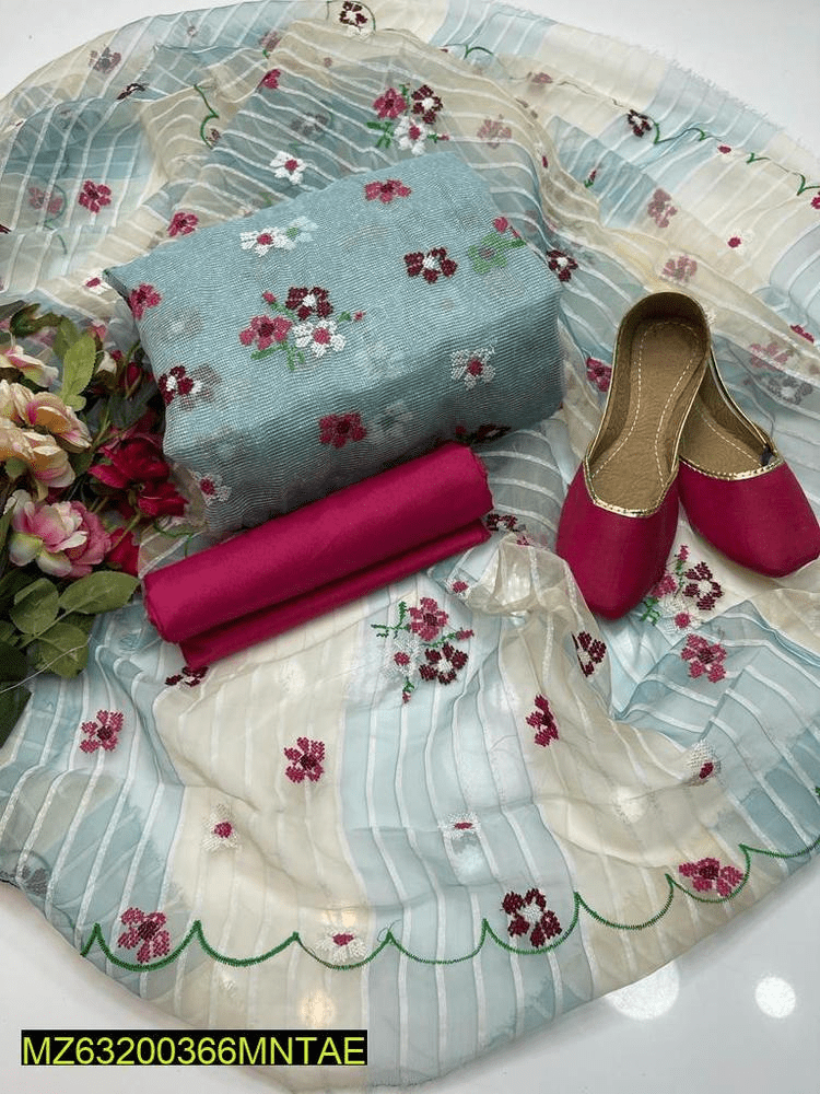 4 PCs women’s unstitched khaadi net Embroidery suit by Hooriya Baloch