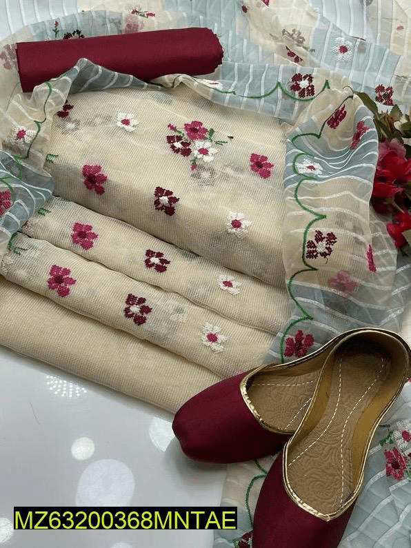 4 PCs women’s unstitched khaadi net Embroidery suit by Hooriya Baloch