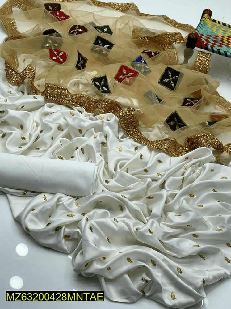 3 PCs women’s unstitched shamoze silk Embroidered suit by Hooriya Baloch