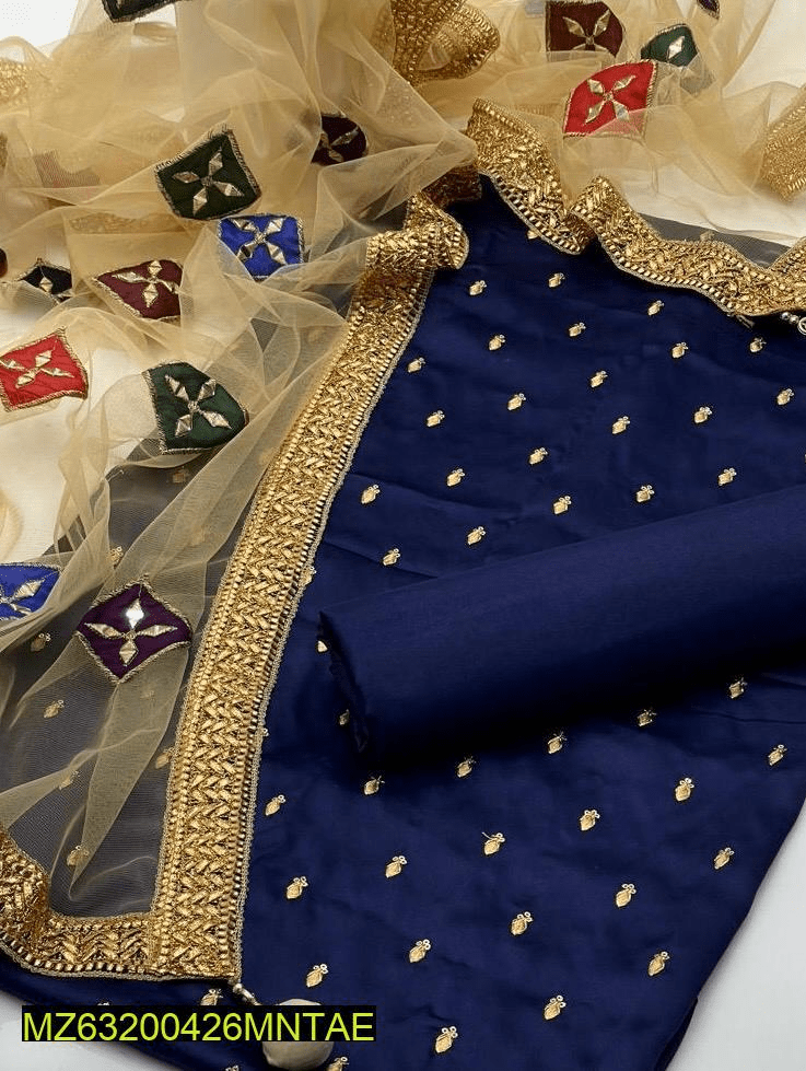 3 PCs women’s unstitched shamoze silk Embroidered suit by Hooriya Baloch