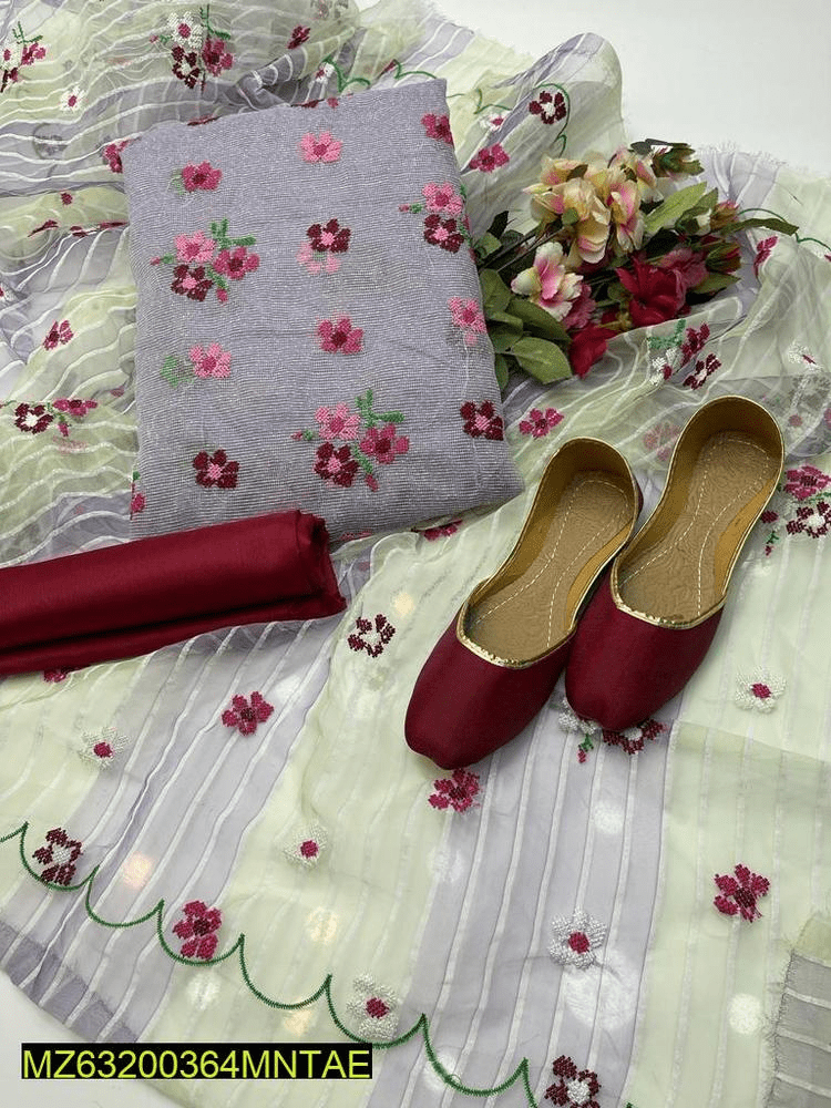 4 PCs women’s unstitched khaadi net Embroidery suit by Hooriya Baloch