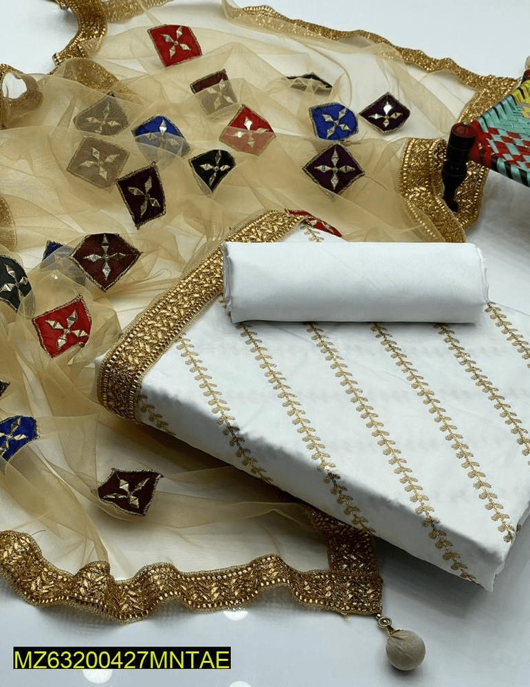 3 PCs women’s unstitched shamoze silk Embroidered suit by Hooriya Baloch