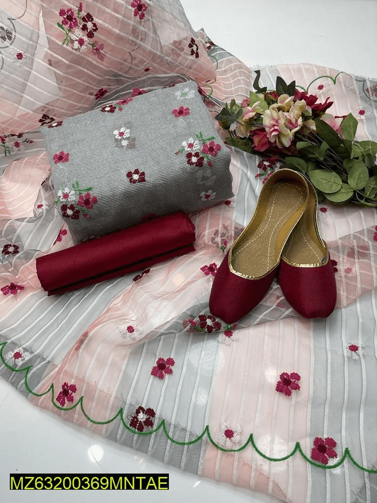 4 PCs women’s unstitched khaadi net Embroidery suit by Hooriya Baloch