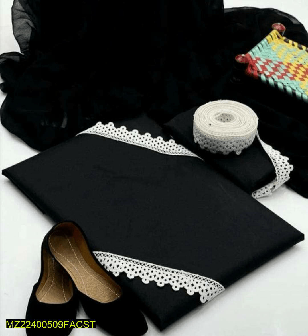 Womans Plain Black suit 3pcs with Khussa and Lass by Zohanali Ali