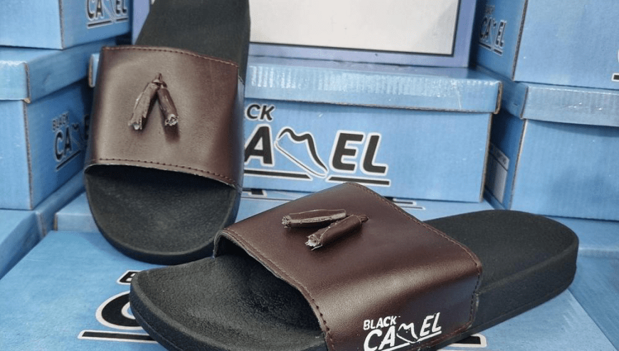 Black camel PVC tassel style slide brown by Syed Hasnain Shah