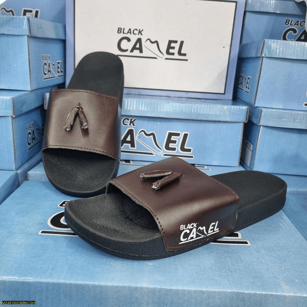 Black camel PVC tassel style slide brown by Syed Hasnain Shah