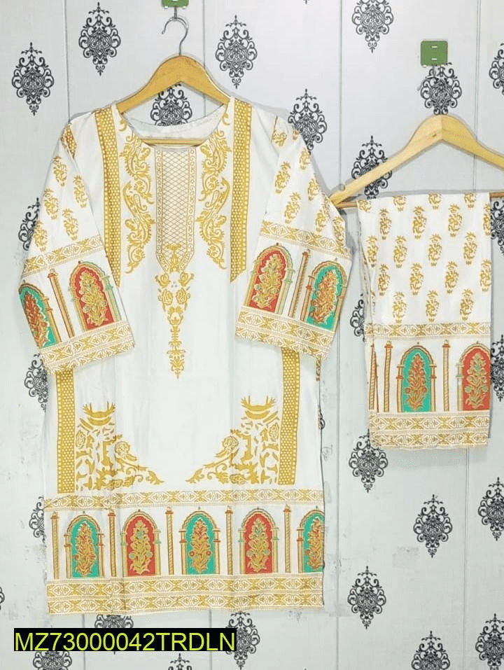 2 PCs women stitched linen printed suits by Hamza siddique