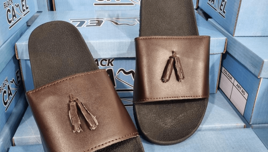Black camel PVC tassel style slide brown by Syed Hasnain Shah