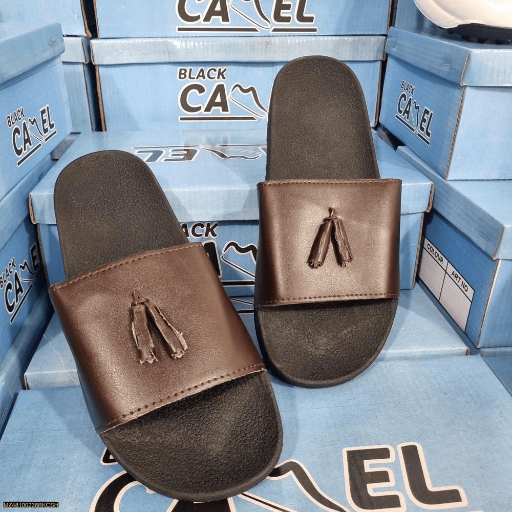 Black camel PVC tassel style slide brown by Syed Hasnain Shah