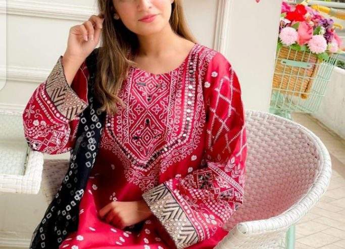 3pc women’s stitched slik chunri print suit by J/Z Hasni