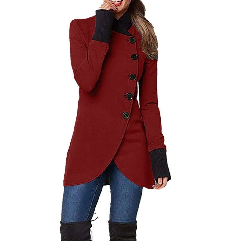 New Imported Women’s Pure Color Splicing Hem Slit Long-Sleeved Jacket