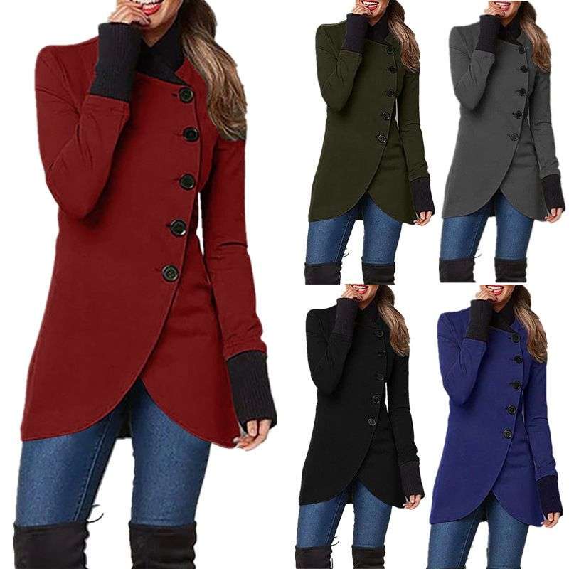 New Imported Women’s Pure Color Splicing Hem Slit Long-Sleeved Jacket