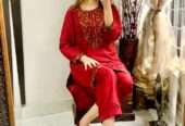 2 Pcs women’s Stitched Linen Sequins Embroidered Shirt And Trouser