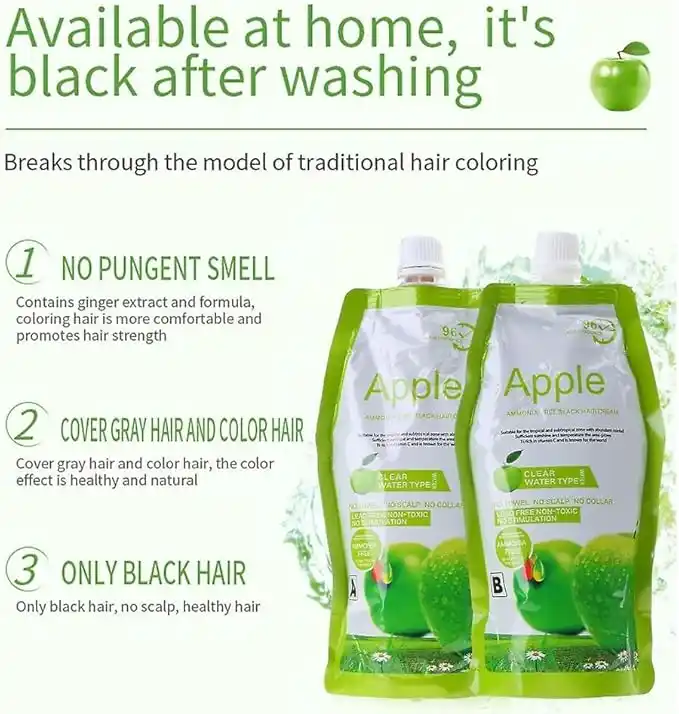 500*2 ML Apple Ammonia-Free Black Hair Cream, No-Toxic, No Stimulation, Natural BlackHair