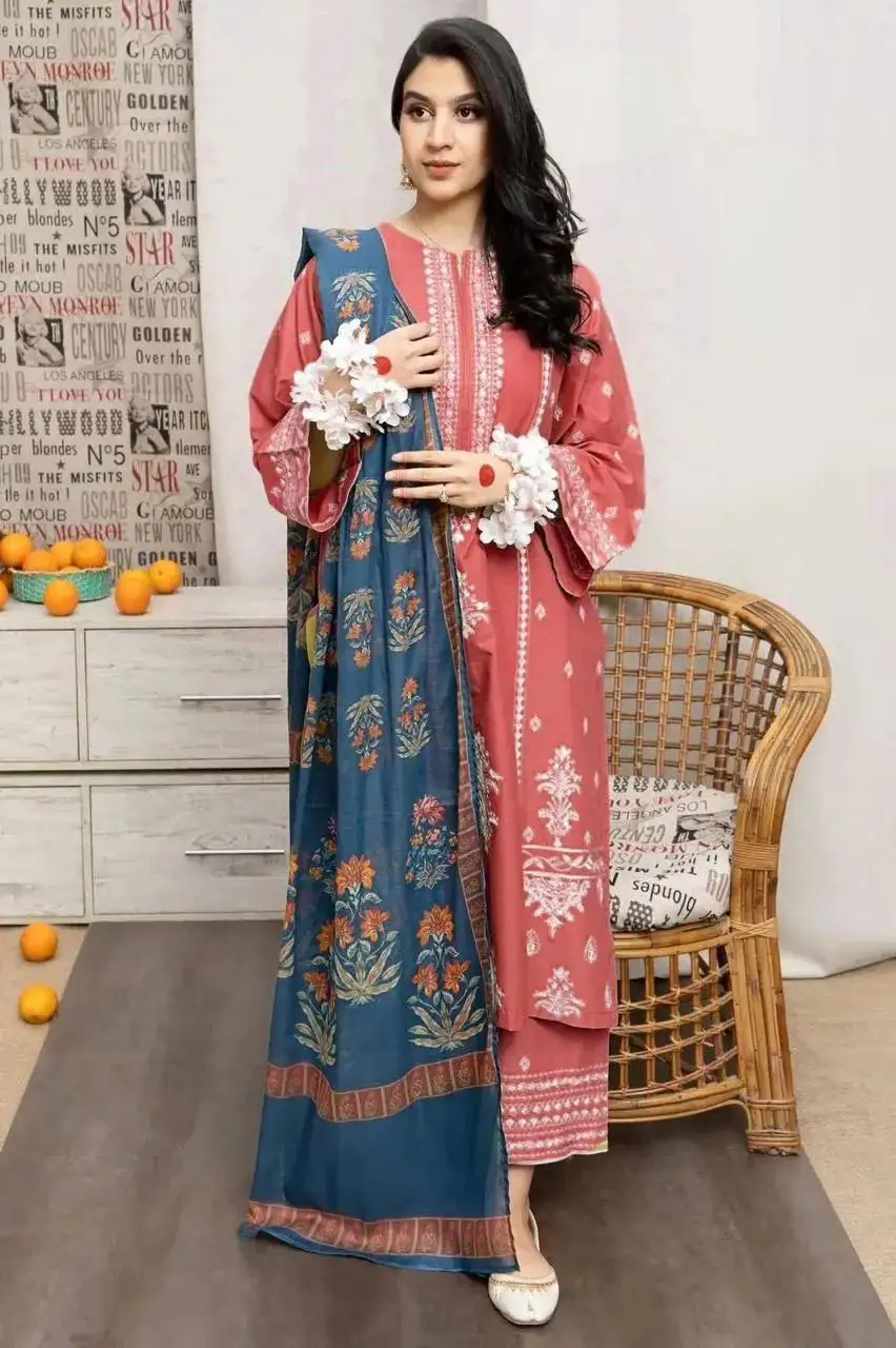 Peach embroidered 3pcs women Lawn suit