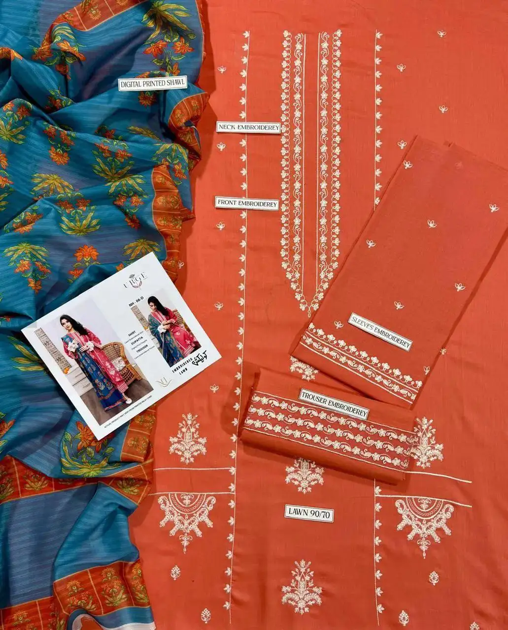 Peach embroidered 3pcs women Lawn suit