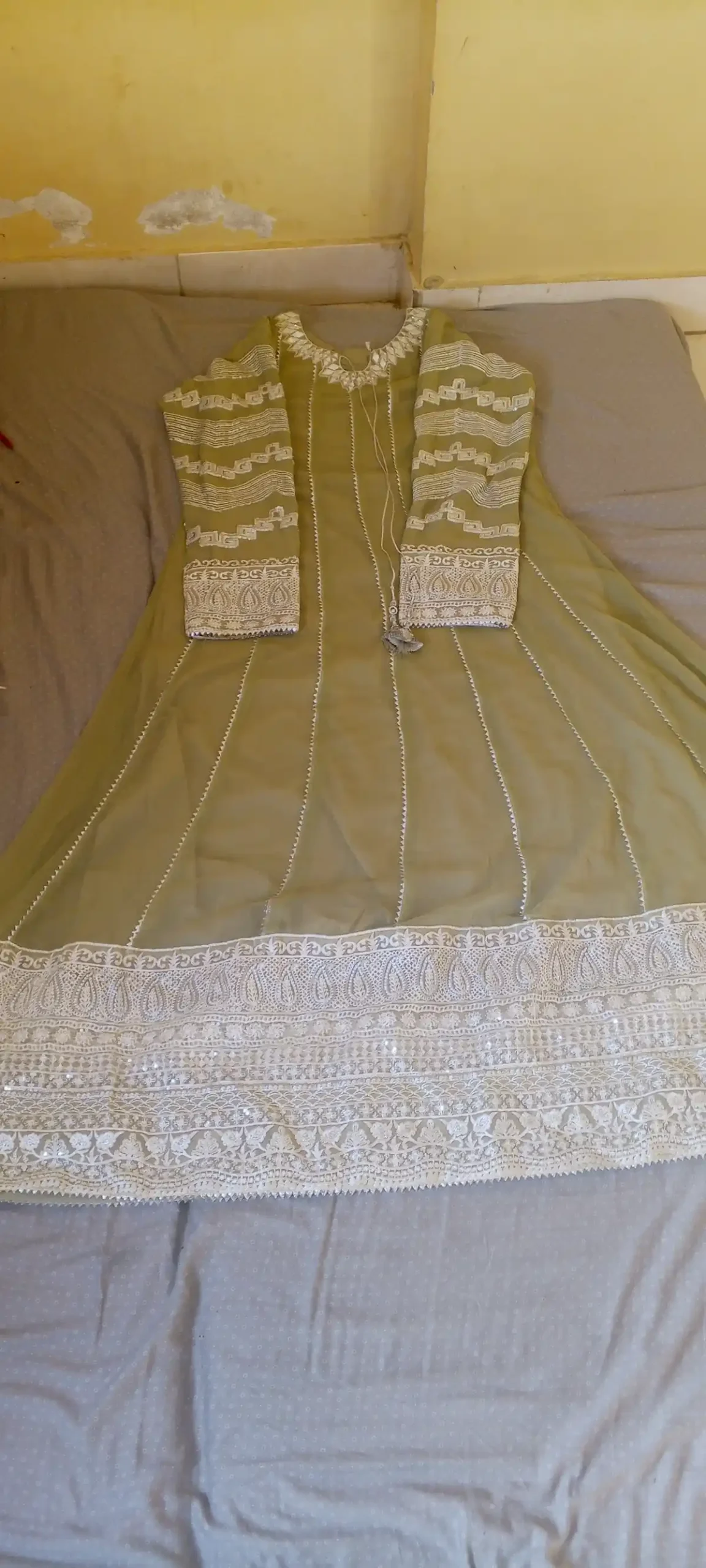 Embroidered Eid wear in olive green and pink colour