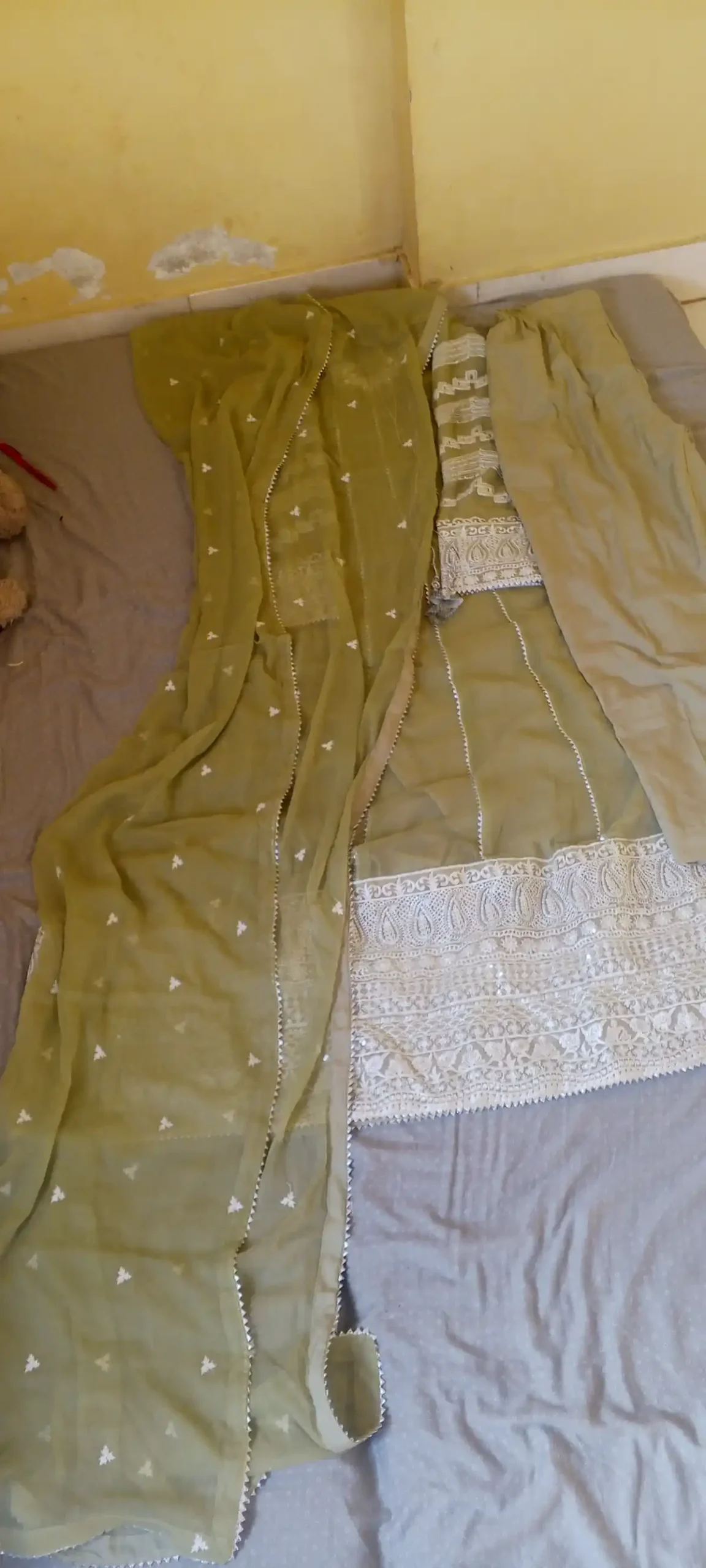 Embroidered Eid wear in olive green and pink colour