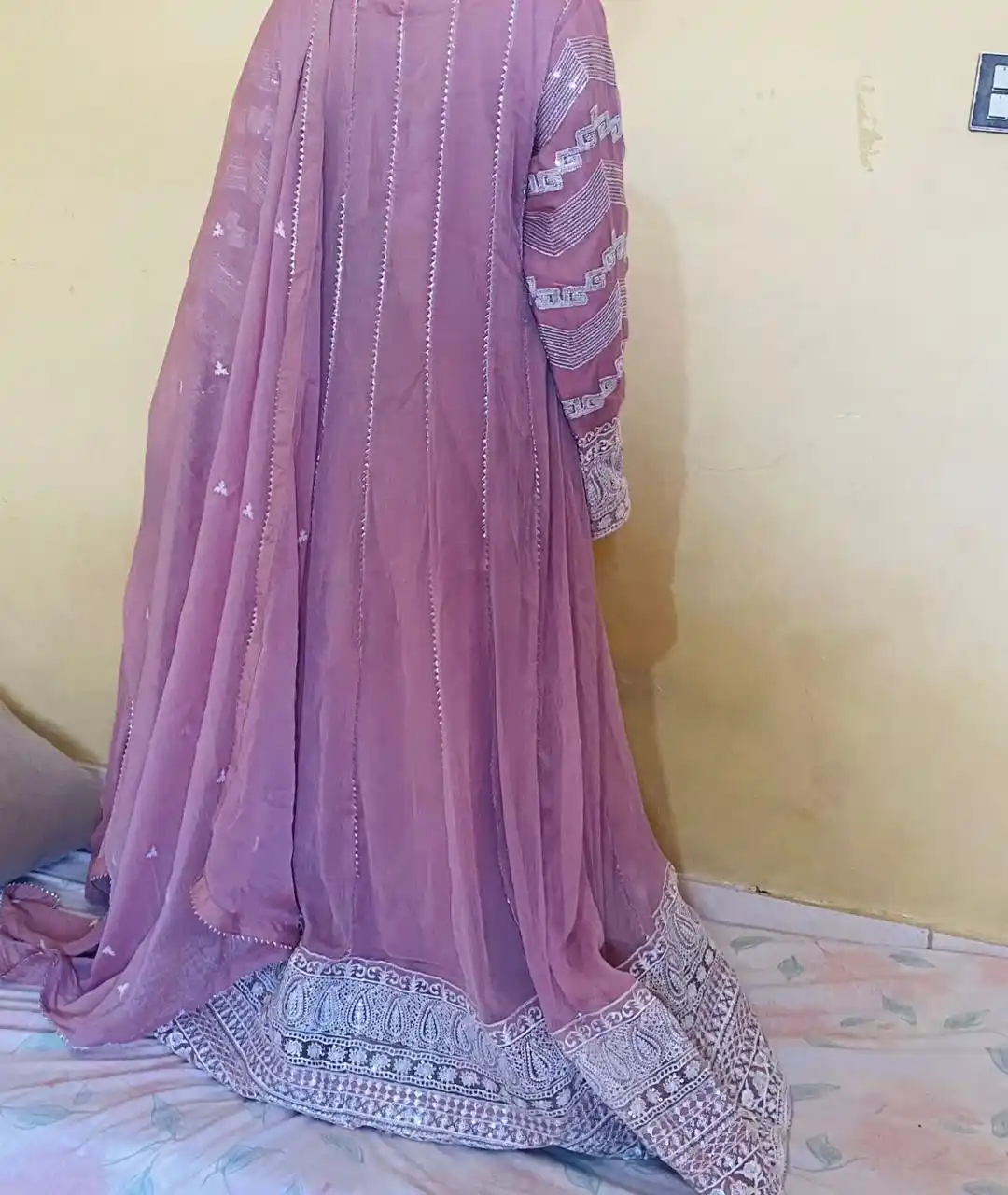 Embroidered Eid wear in olive green and pink colour