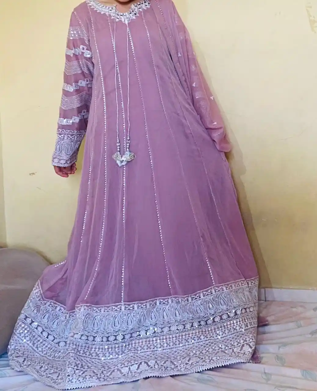 Embroidered Eid wear in olive green and pink colour