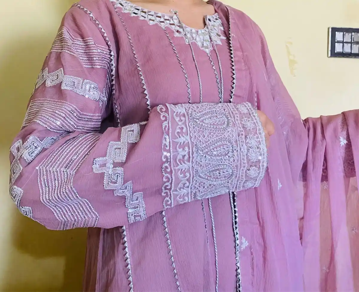 Embroidered Eid wear in olive green and pink colour