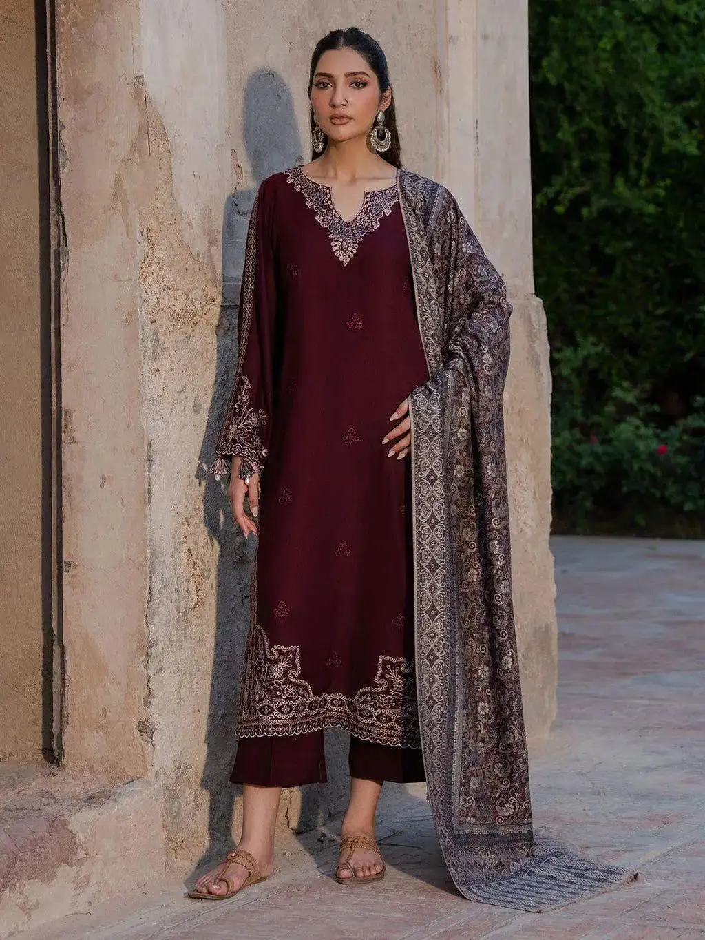 Maroon Embroidered 3pcs women Lawn suit