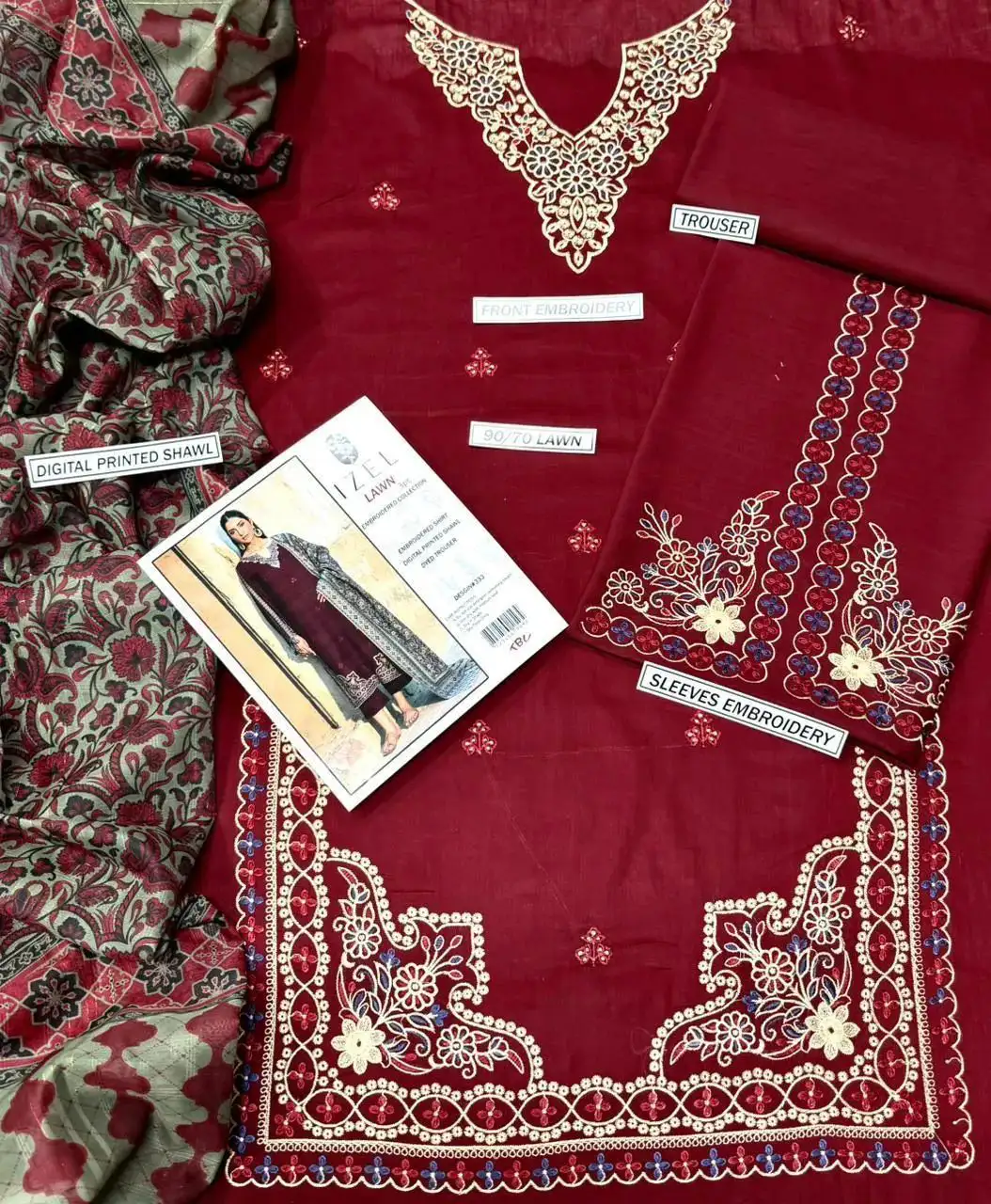 Maroon Embroidered 3pcs women Lawn suit