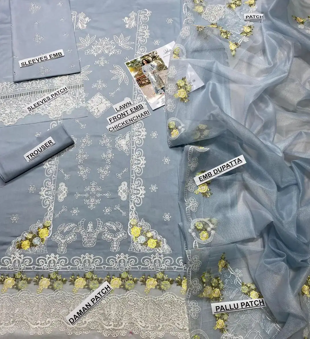 3pcs Grey Chikankari Lawn suit for Eid party wear