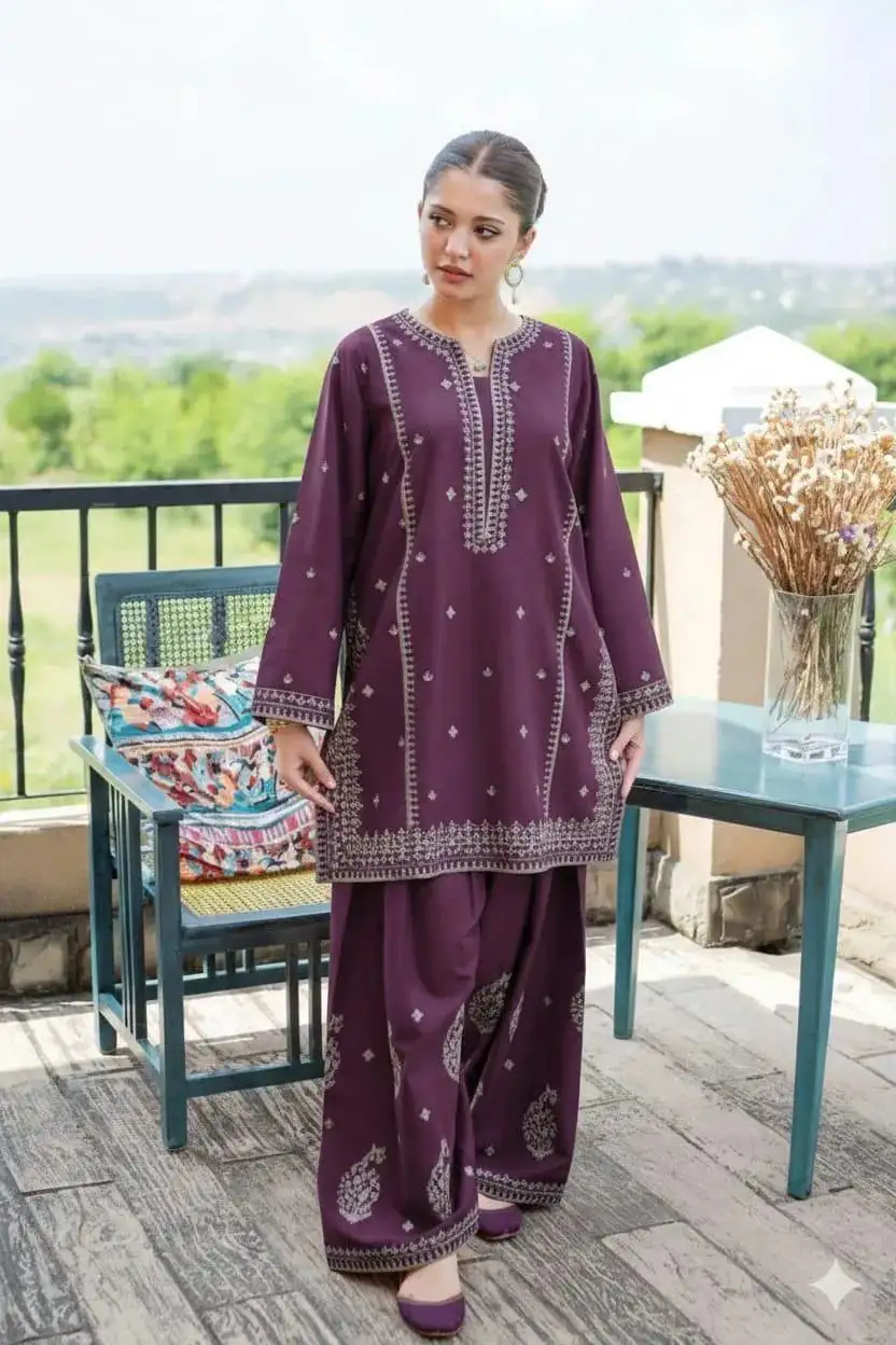 Purple embroidered Lawn suit for women Wedding party Wear