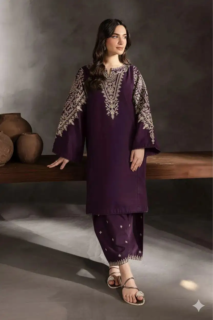 Purple Embroidered 2-piece women’ suit Lawn cotton
