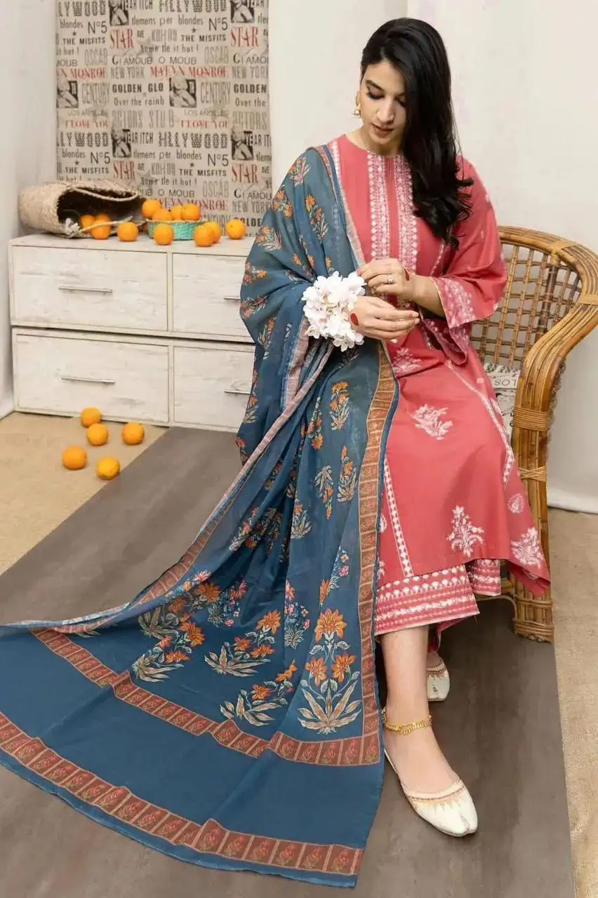 Peach embroidered 3pcs women Lawn suit