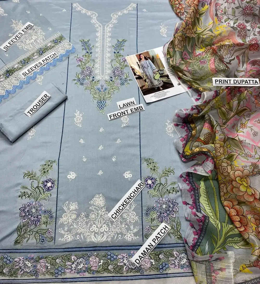 3 Pcs Chikankari Embroidered Lawn Suit Grey