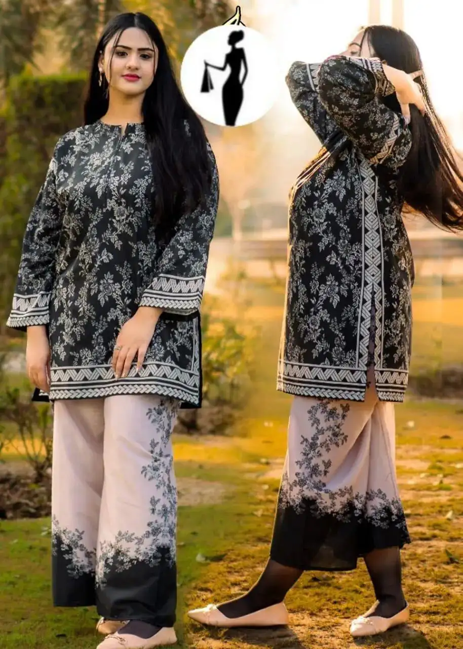 Black printed shamoz silk 2pcs women set Medium..