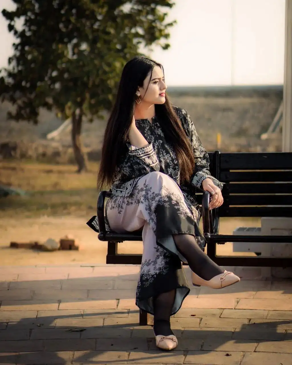 Black printed shamoz silk 2pcs women set Medium..