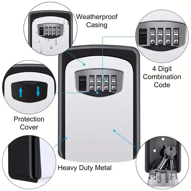 Heavy-Duty Alloy Combination Lock Box with 4-Digit Resettable Code, Weatherproof Key Safe