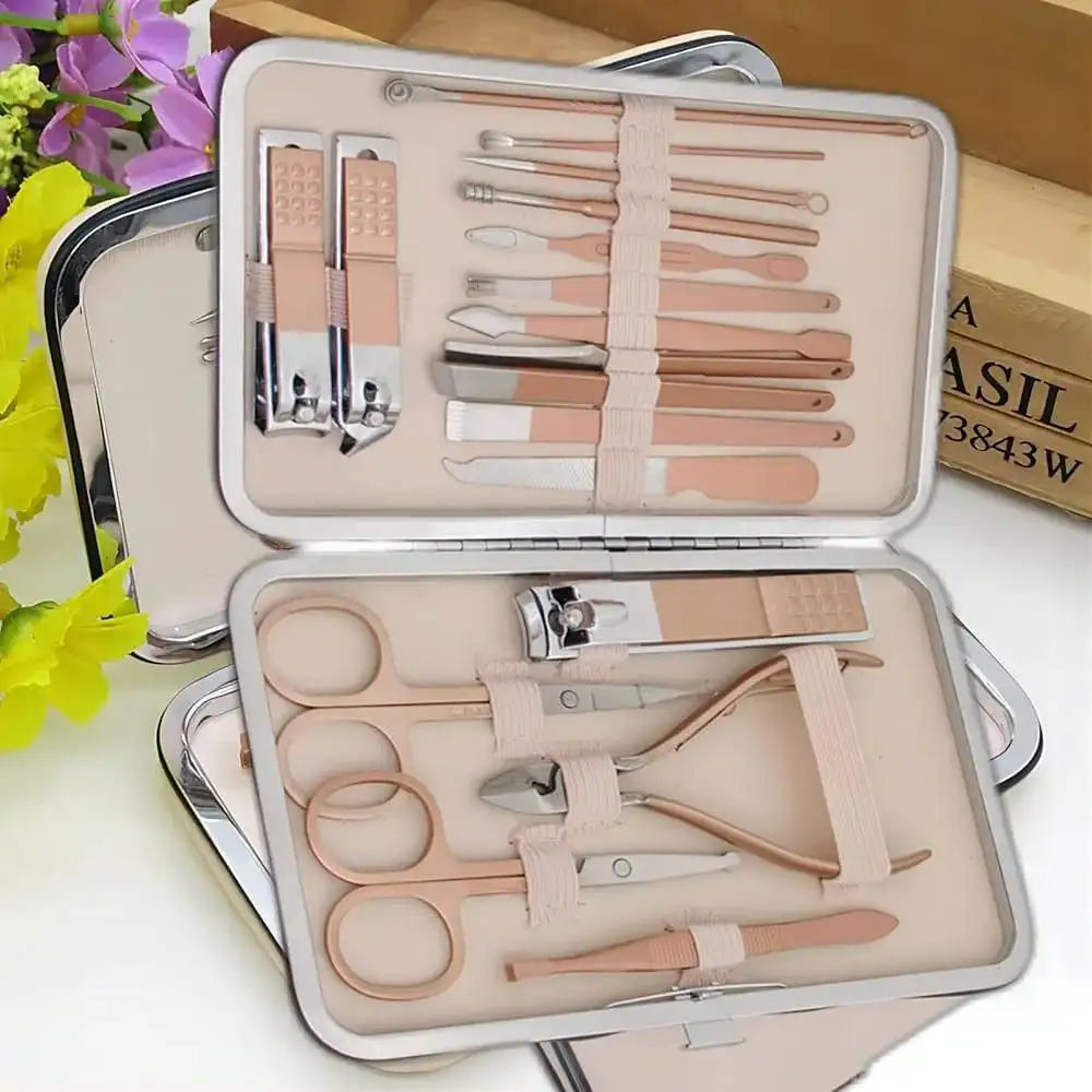 Beige Travel Manicure kit with 12 tools.