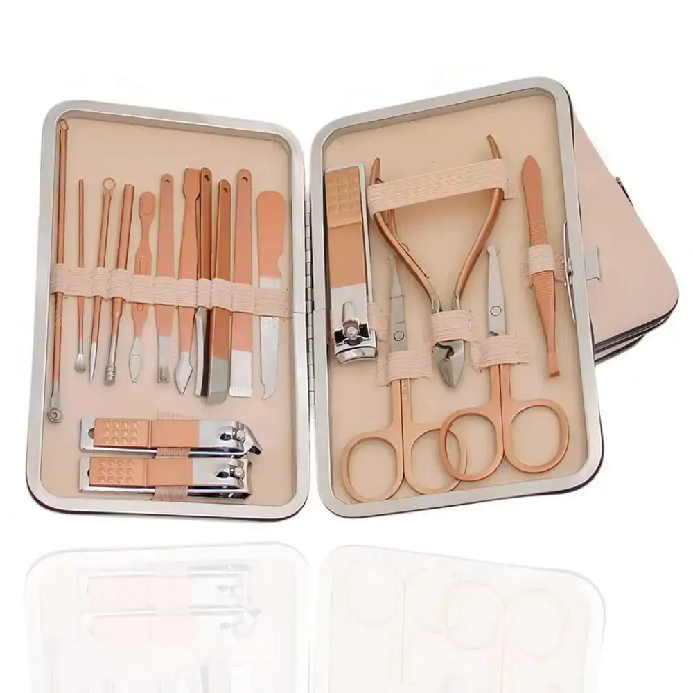 Beige Travel Manicure kit with 12 tools.