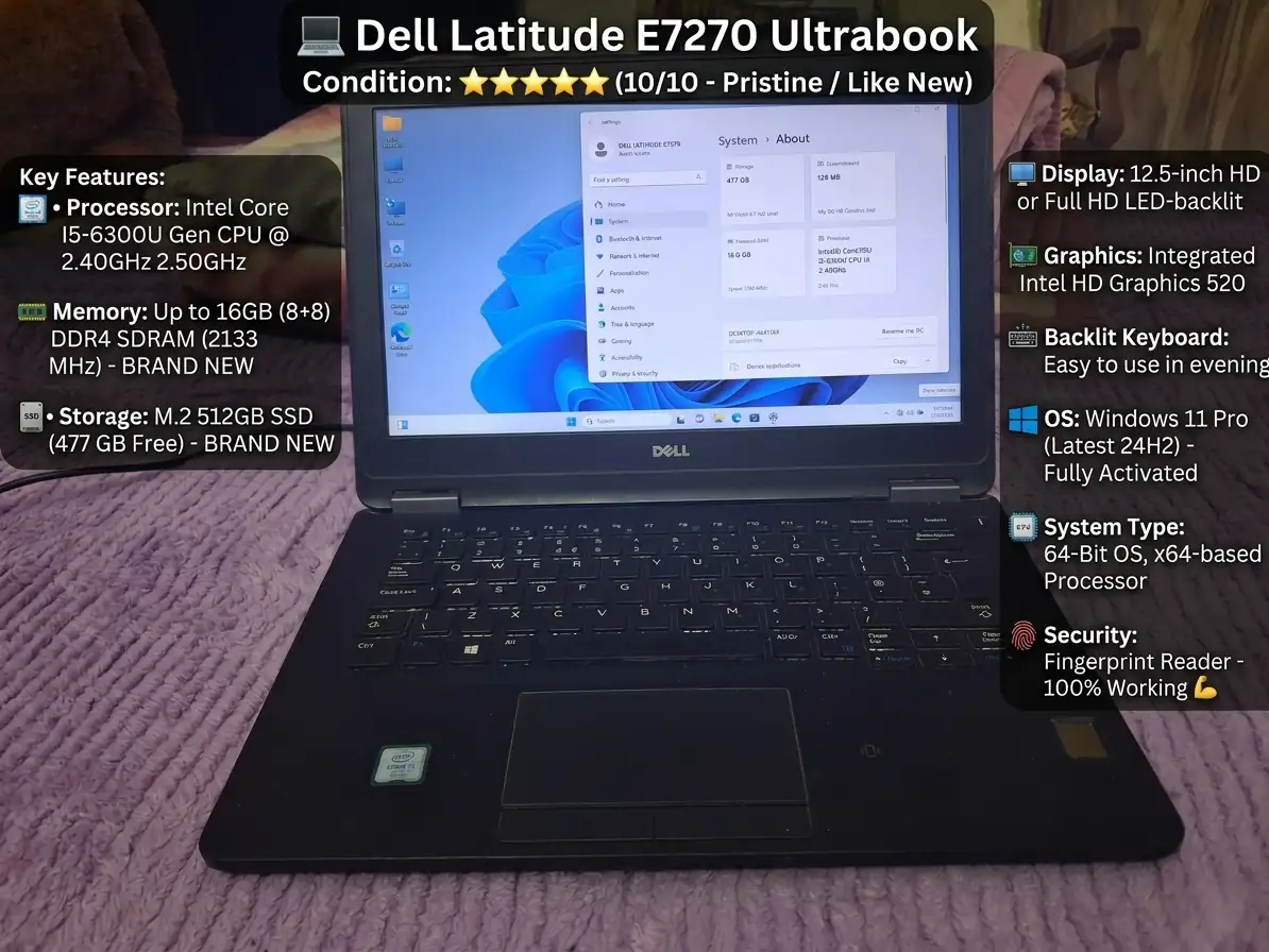💻 Dell Latitude E7270 Ultrabook | 16GB RAM | 512GB M2 SSD 🚀