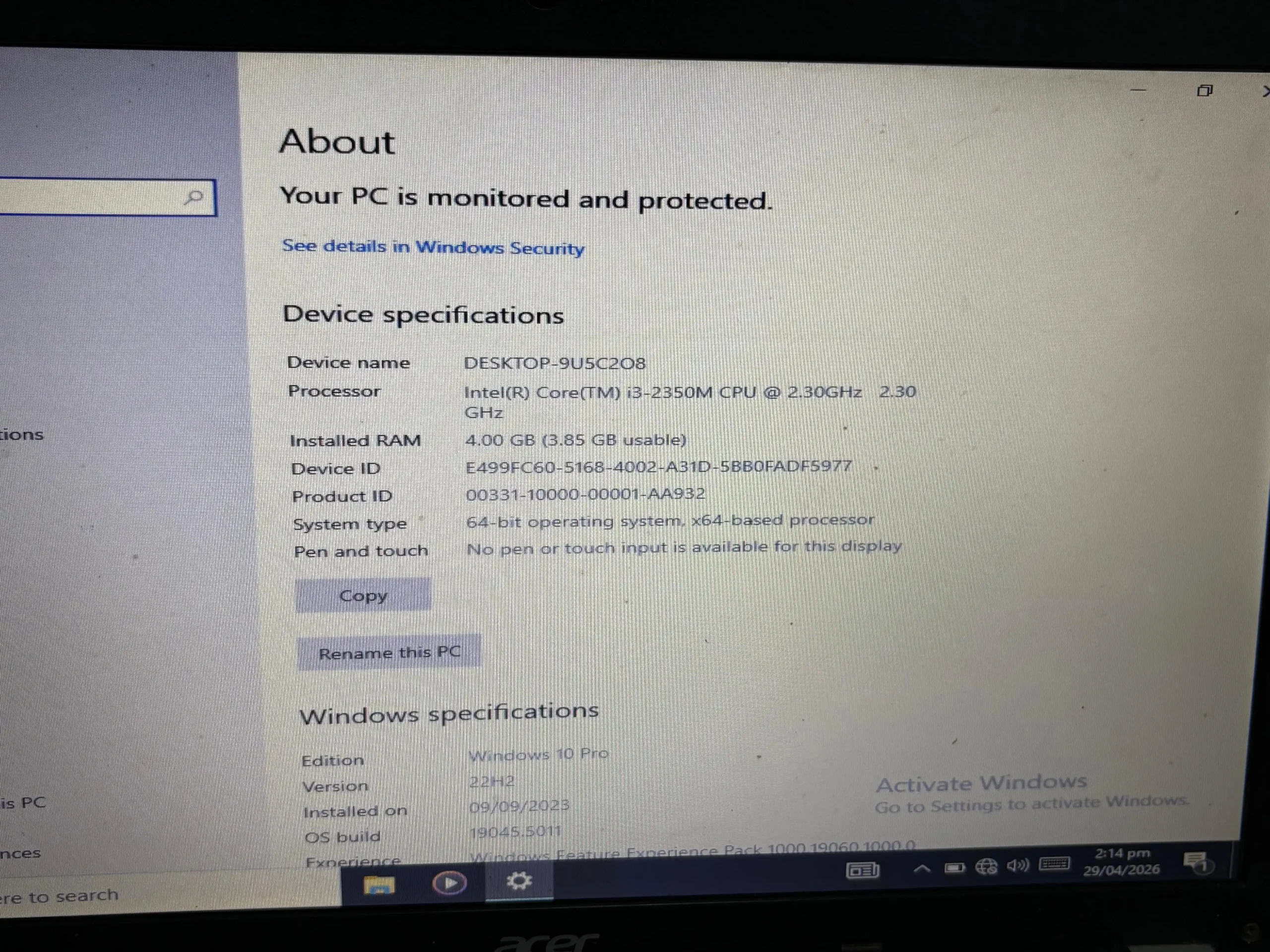 Acer Intel Core i3 Gen 2 4GB RAM 256GB ROM