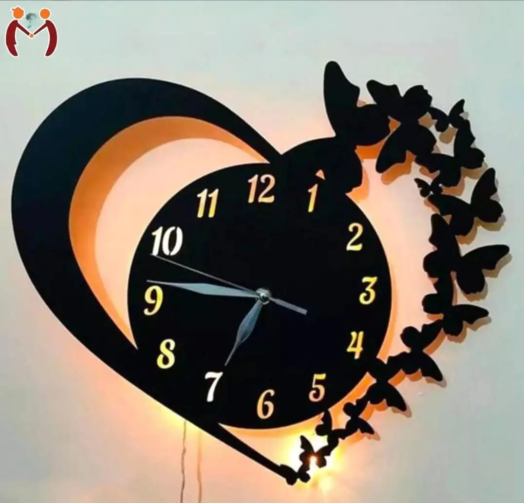Heart shaped battery wall clock black wood decor