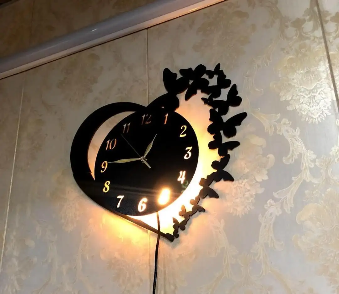 Heart shaped battery wall clock black wood decor