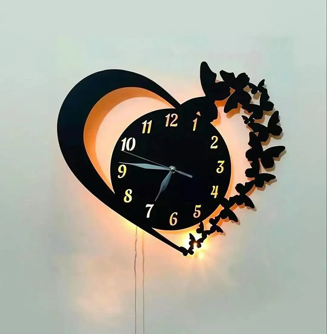 Heart shaped battery wall clock black wood decor
